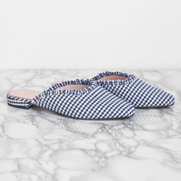J. Crew Shoes - NWOT J. Crew Carolyn Gingham Ruffle Mule Sandal Navy Size 5.5